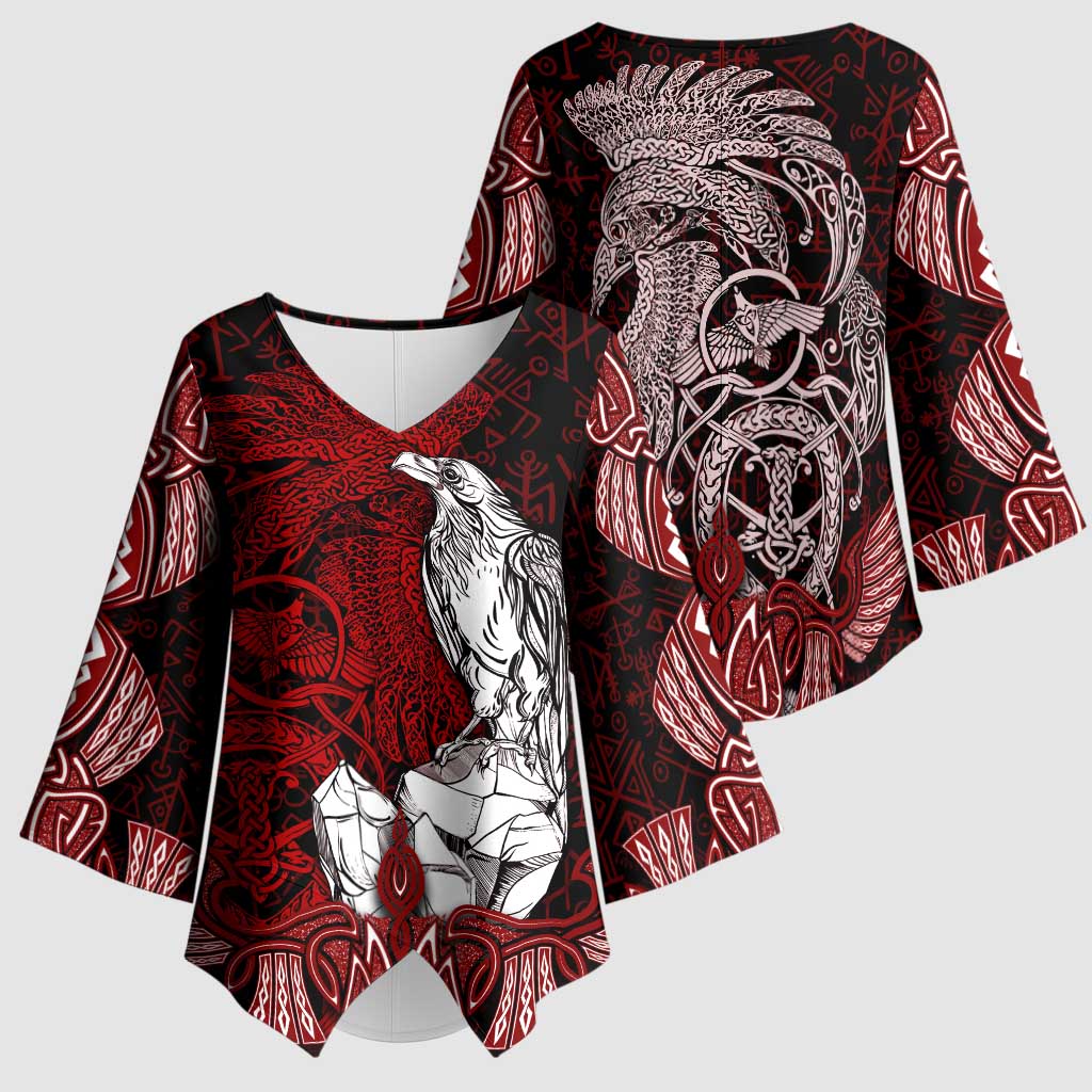 Raven and Serpent Norse Mythology Kimono Sleeve Blouse Red and White Viking Line Art