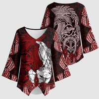 Raven and Serpent Norse Mythology Kimono Sleeve Blouse Red and White Viking Line Art