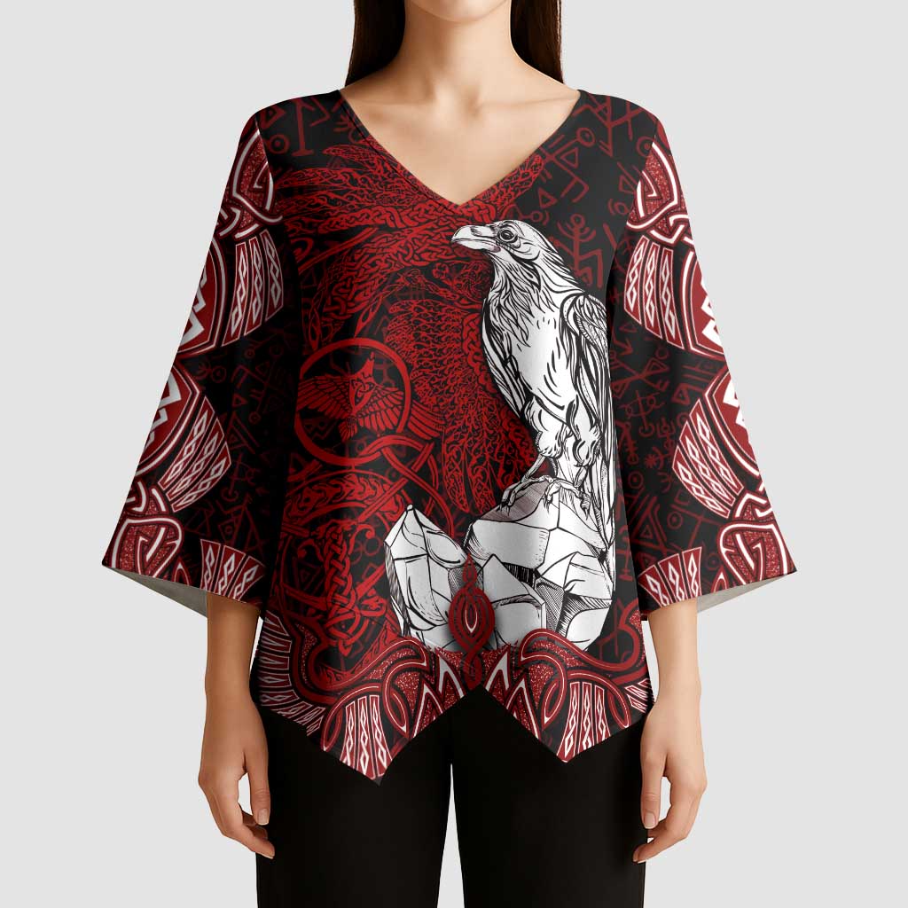 Raven and Serpent Norse Mythology Kimono Sleeve Blouse Red and White Viking Line Art