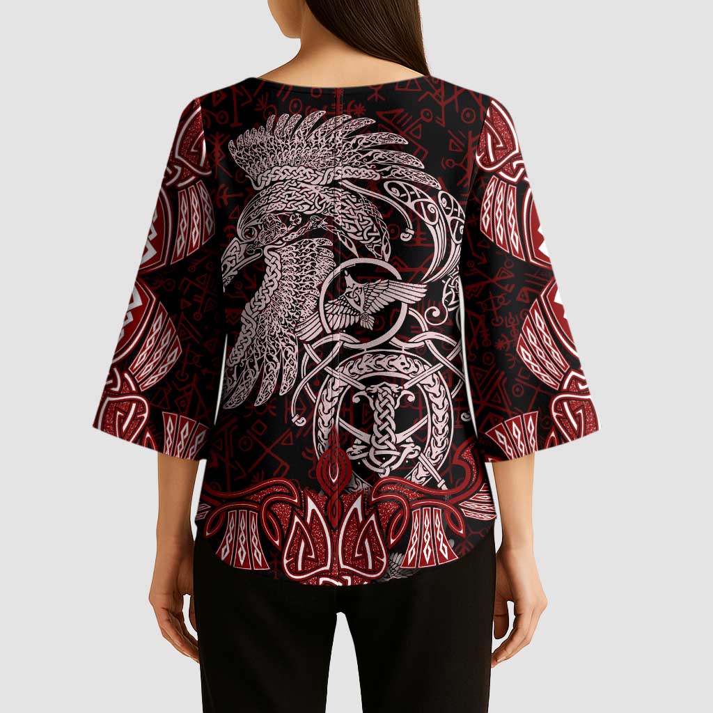 Raven and Serpent Norse Mythology Kimono Sleeve Blouse Red and White Viking Line Art