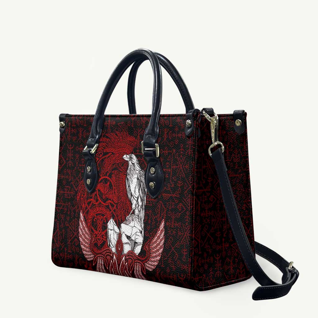Raven and Serpent Norse Mythology Leather Bag Red and White Viking Line Art