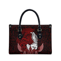 Raven and Serpent Norse Mythology Leather Bag Red and White Viking Line Art