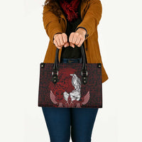 Raven and Serpent Norse Mythology Leather Bag Red and White Viking Line Art