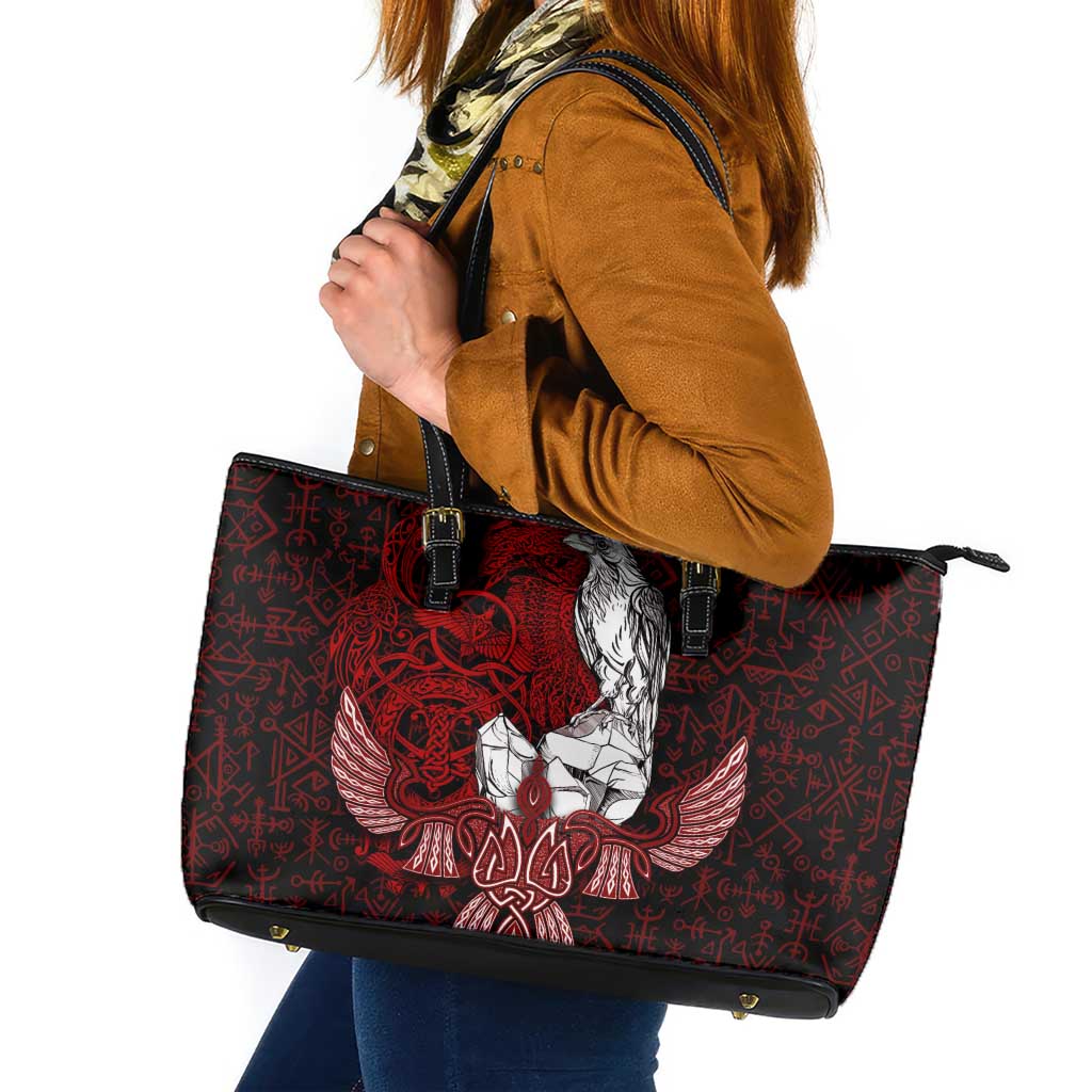Raven and Serpent Norse Mythology Leather Tote Bag Red and White Viking Line Art