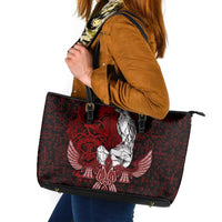 Raven and Serpent Norse Mythology Leather Tote Bag Red and White Viking Line Art