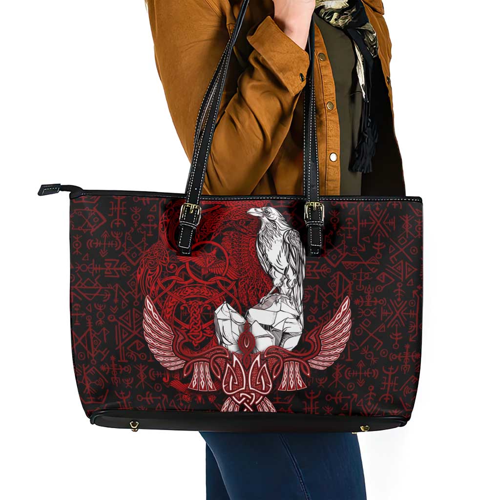 Raven and Serpent Norse Mythology Leather Tote Bag Red and White Viking Line Art