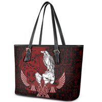 Raven and Serpent Norse Mythology Leather Tote Bag Red and White Viking Line Art