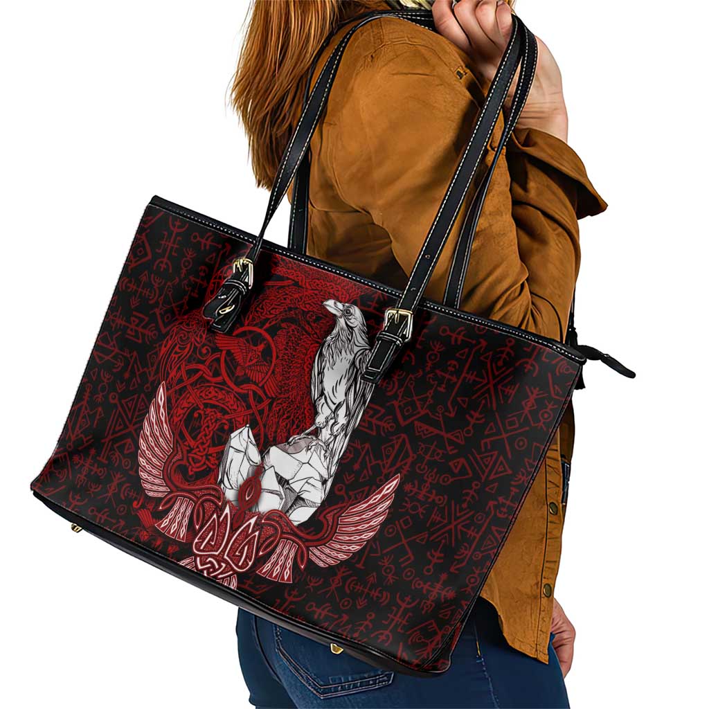 Raven and Serpent Norse Mythology Leather Tote Bag Red and White Viking Line Art
