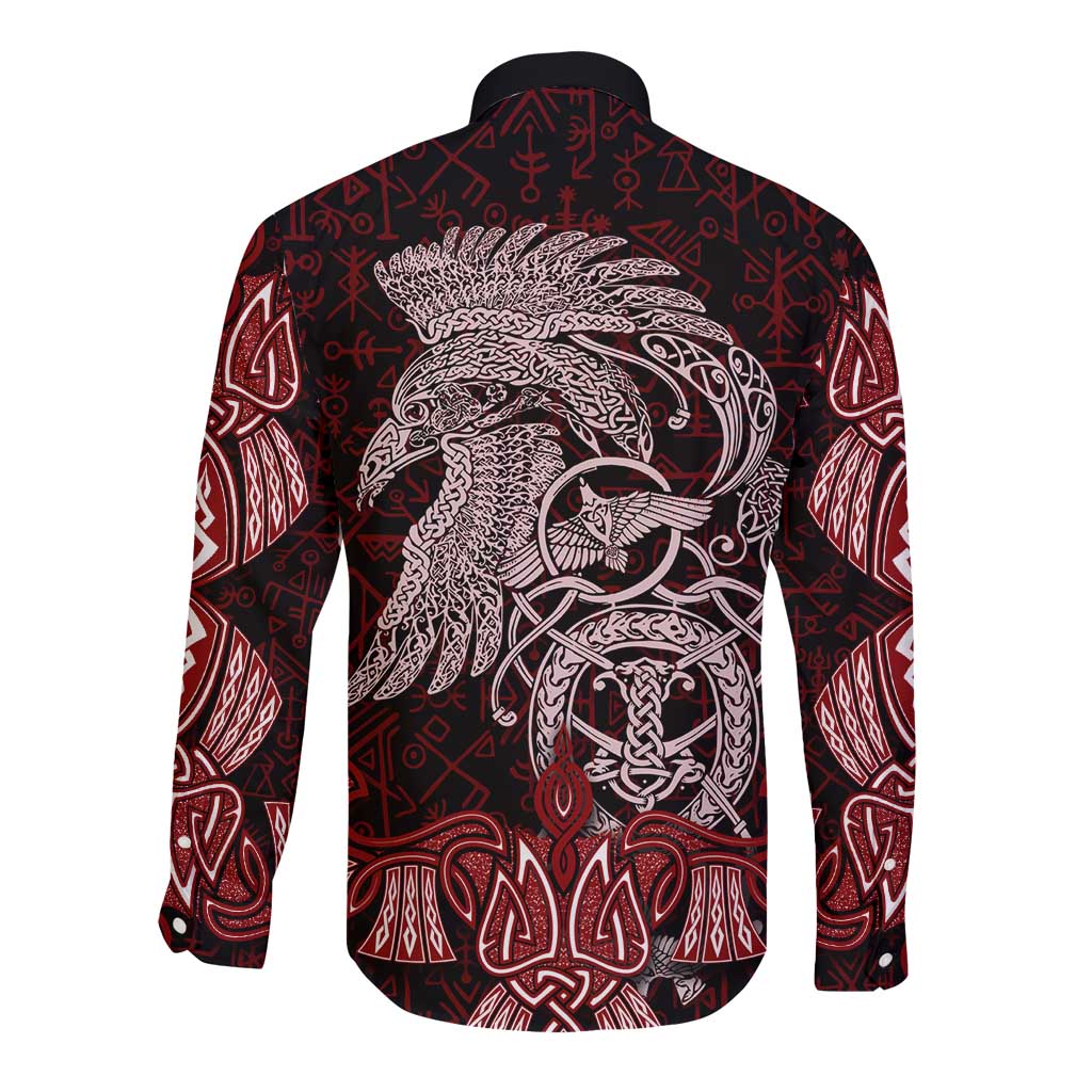 Raven and Serpent Norse Mythology Long Sleeve Button Shirt Red and White Viking Line Art