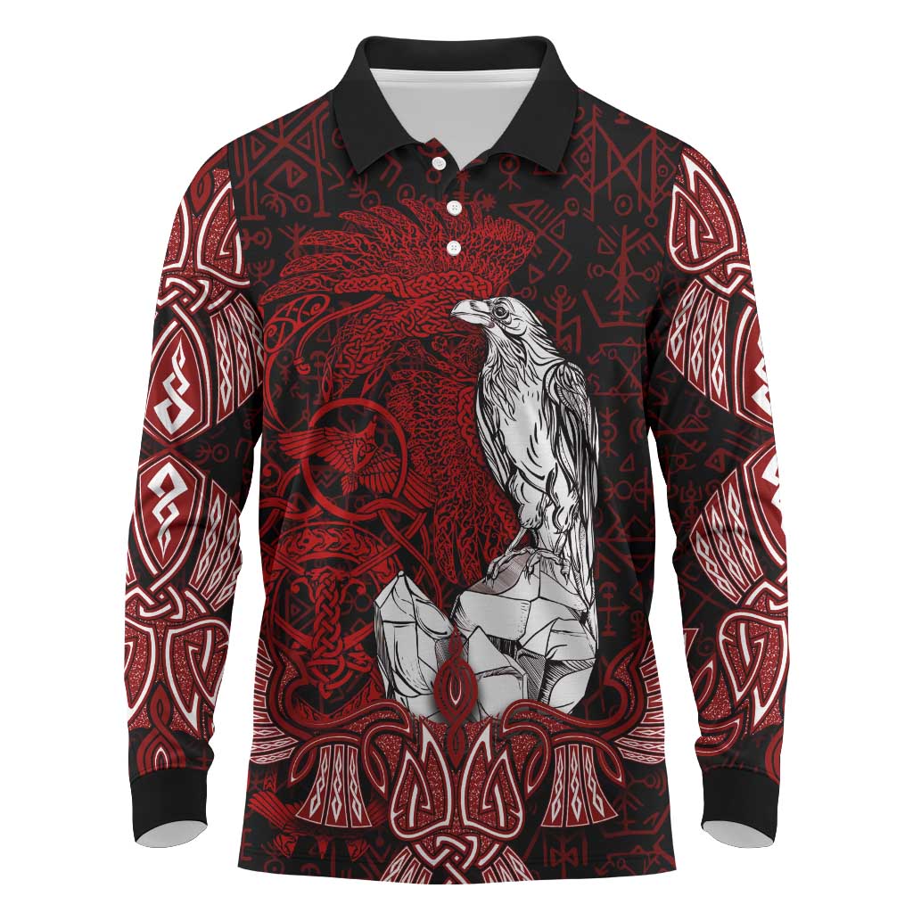 Raven and Serpent Norse Mythology Long Sleeve Polo Shirt Red and White Viking Line Art