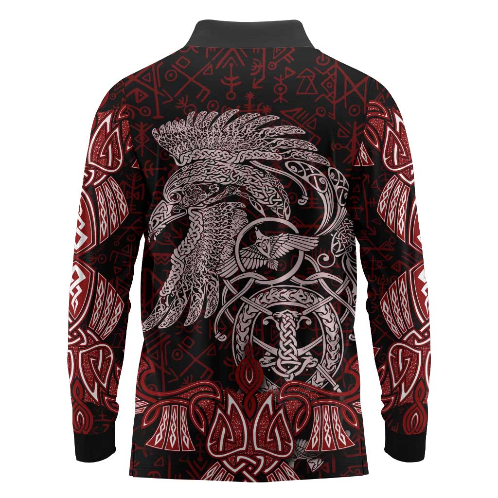 Raven and Serpent Norse Mythology Long Sleeve Polo Shirt Red and White Viking Line Art