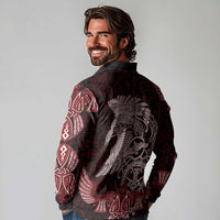 Raven and Serpent Norse Mythology Long Sleeve Polo Shirt Red and White Viking Line Art
