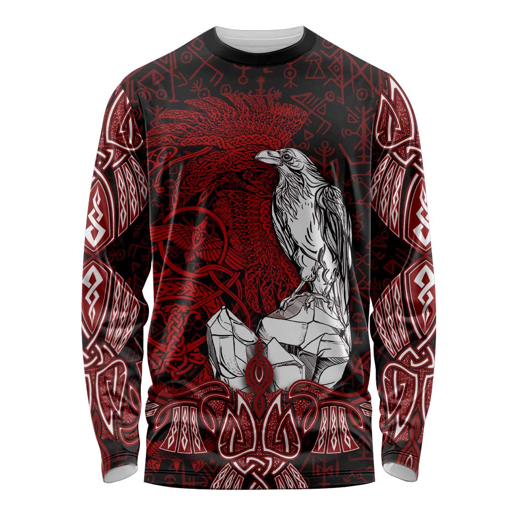 Raven and Serpent Norse Mythology Long Sleeve Shirt Red and White Viking Line Art