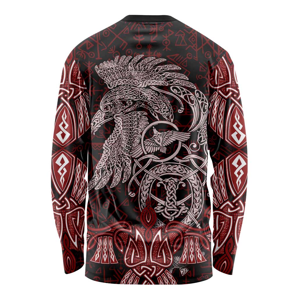 Raven and Serpent Norse Mythology Long Sleeve Shirt Red and White Viking Line Art