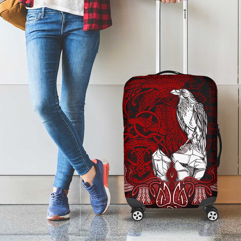 Raven and Serpent Norse Mythology Luggage Cover Red and White Viking Line Art
