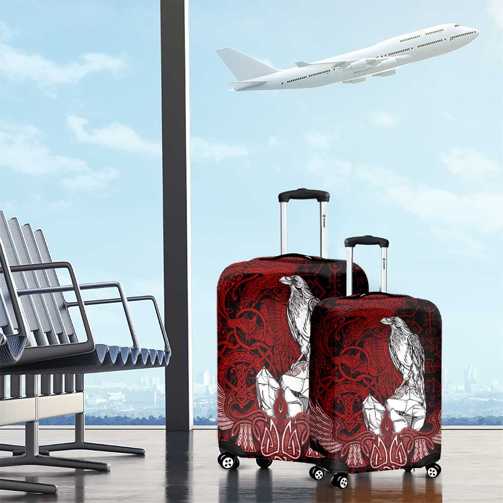 Raven and Serpent Norse Mythology Luggage Cover Red and White Viking Line Art