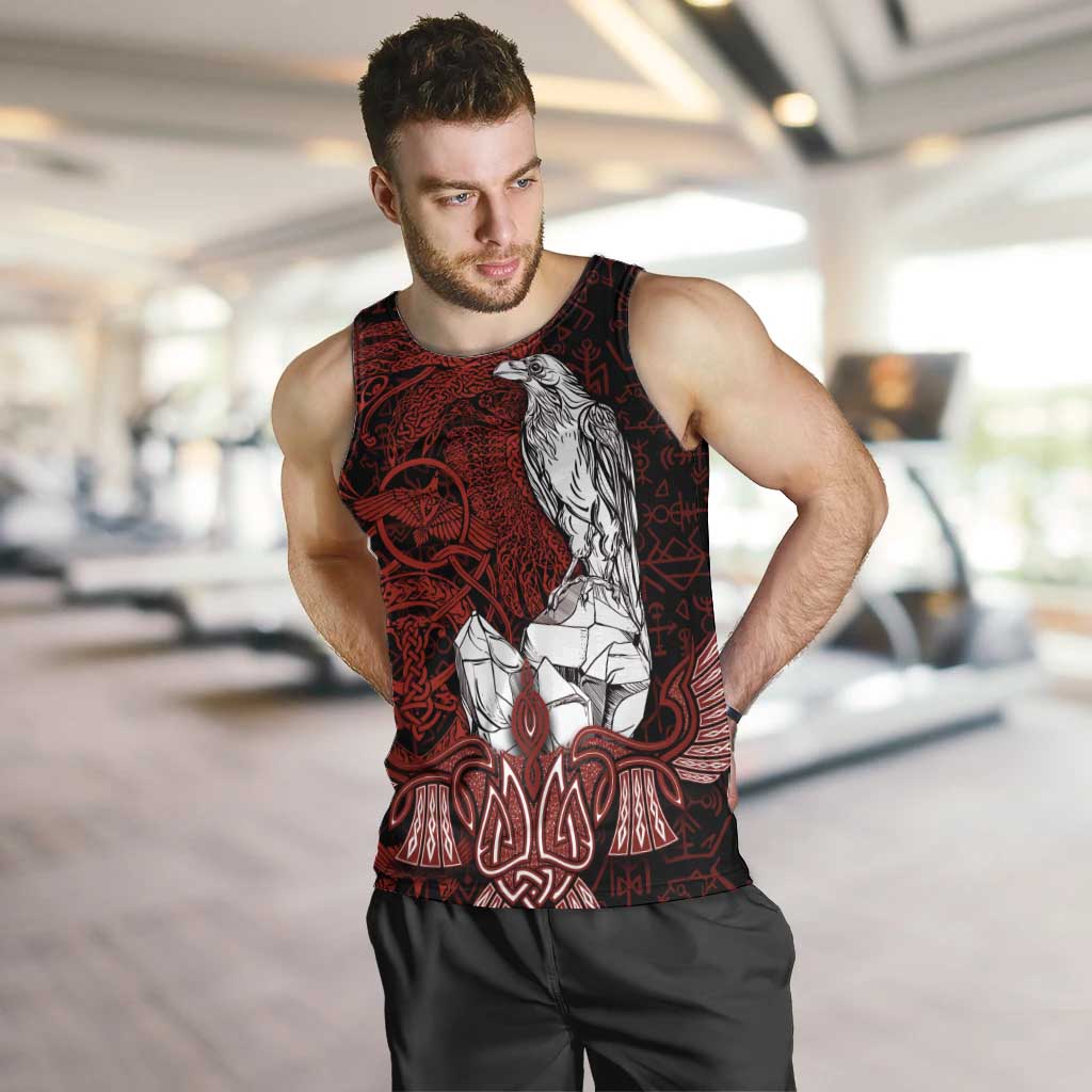 Raven and Serpent Norse Mythology Men Tank Top Red and White Viking Line Art