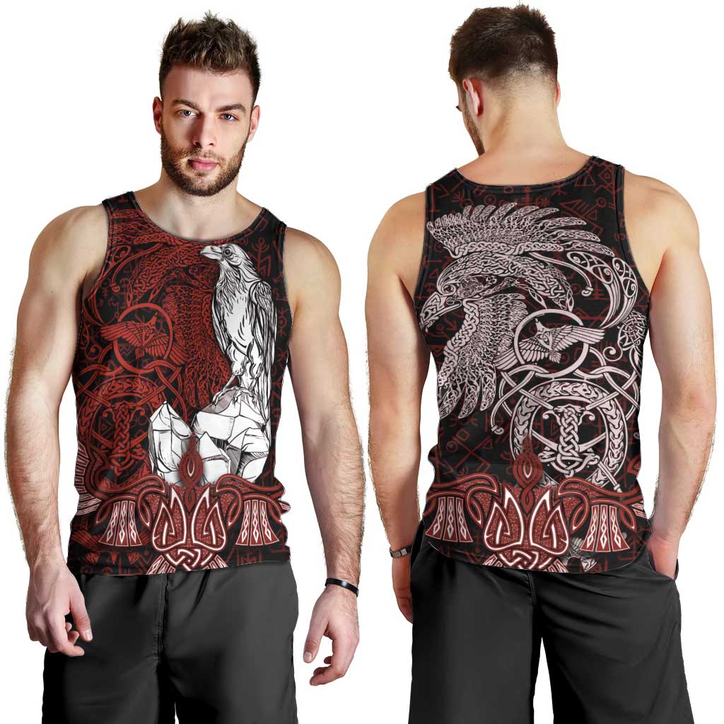 Raven and Serpent Norse Mythology Men Tank Top Red and White Viking Line Art