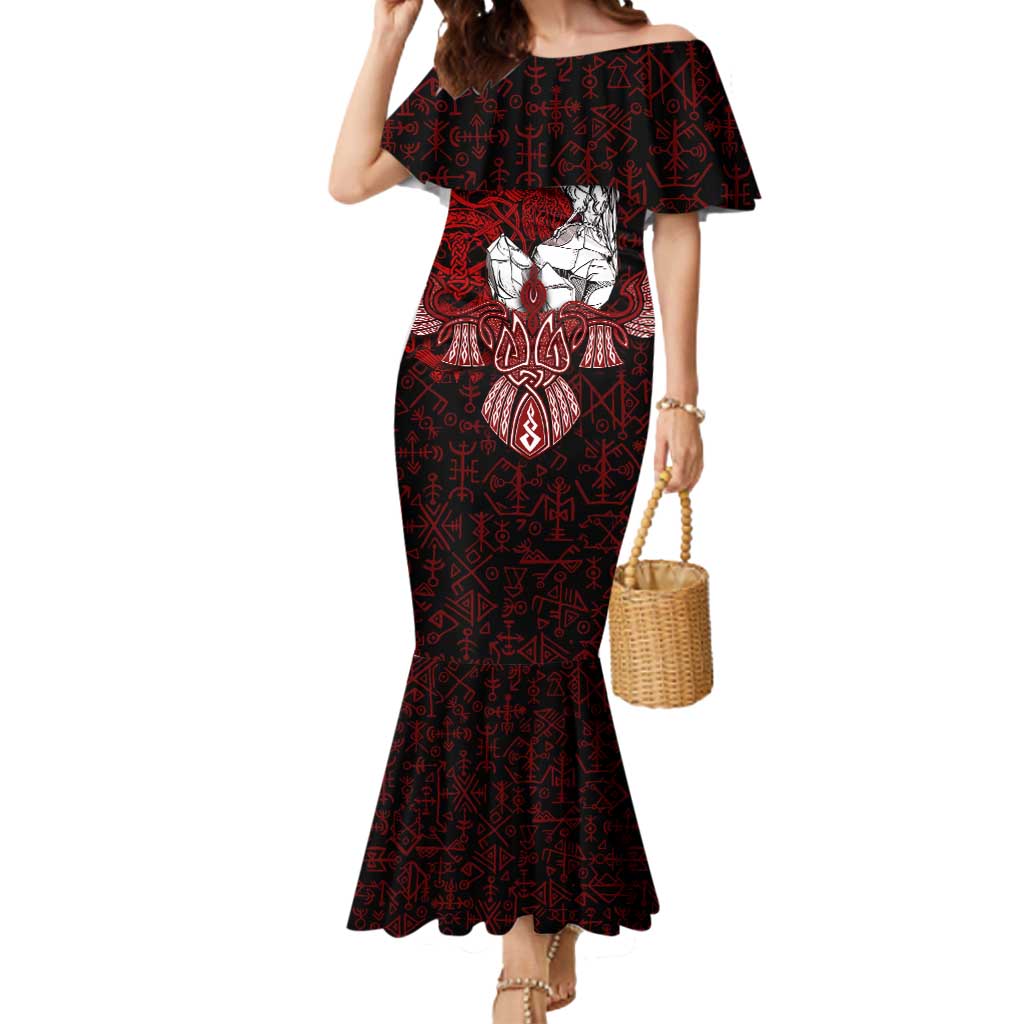 Raven and Serpent Norse Mythology Mermaid Dress Red and White Viking Line Art
