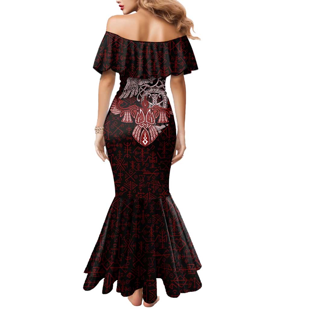 Raven and Serpent Norse Mythology Mermaid Dress Red and White Viking Line Art