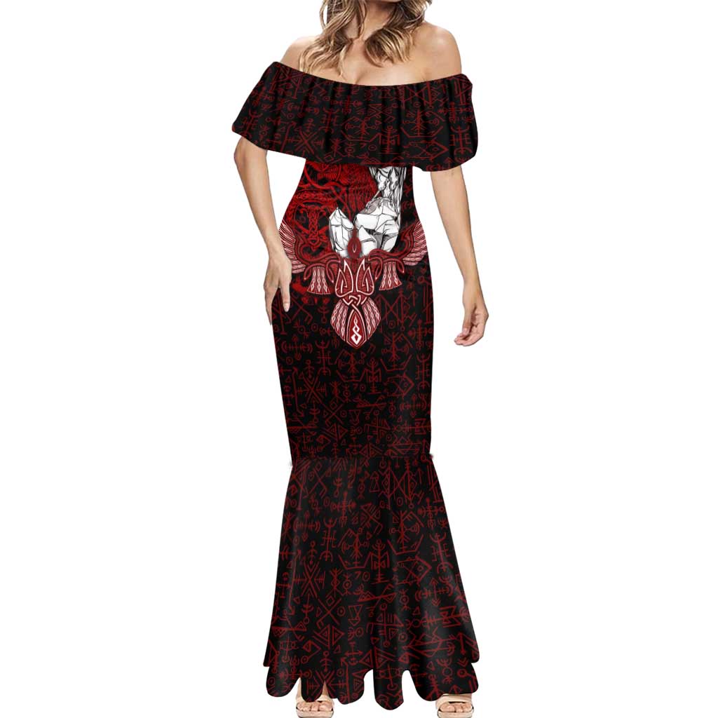 Raven and Serpent Norse Mythology Mermaid Dress Red and White Viking Line Art