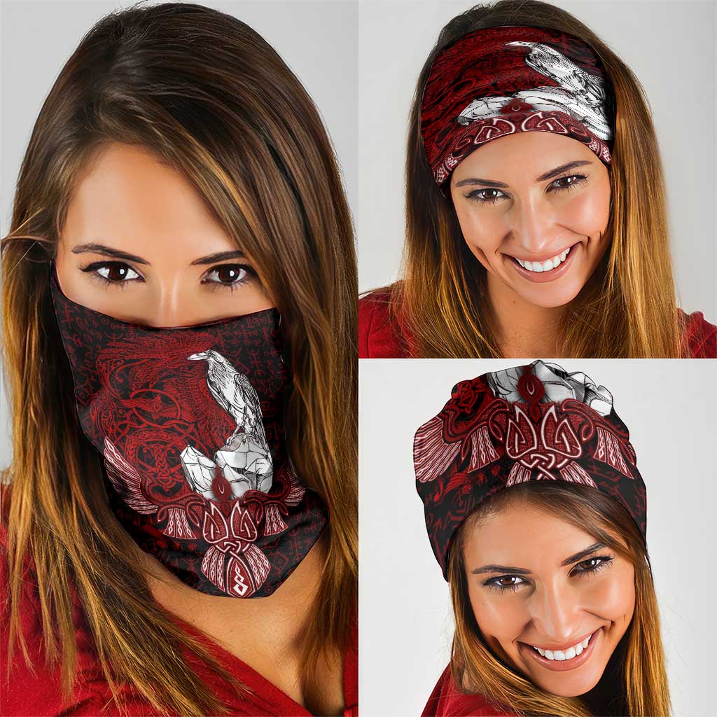 Raven and Serpent Norse Mythology Neck Gaiter Red and White Viking Line Art