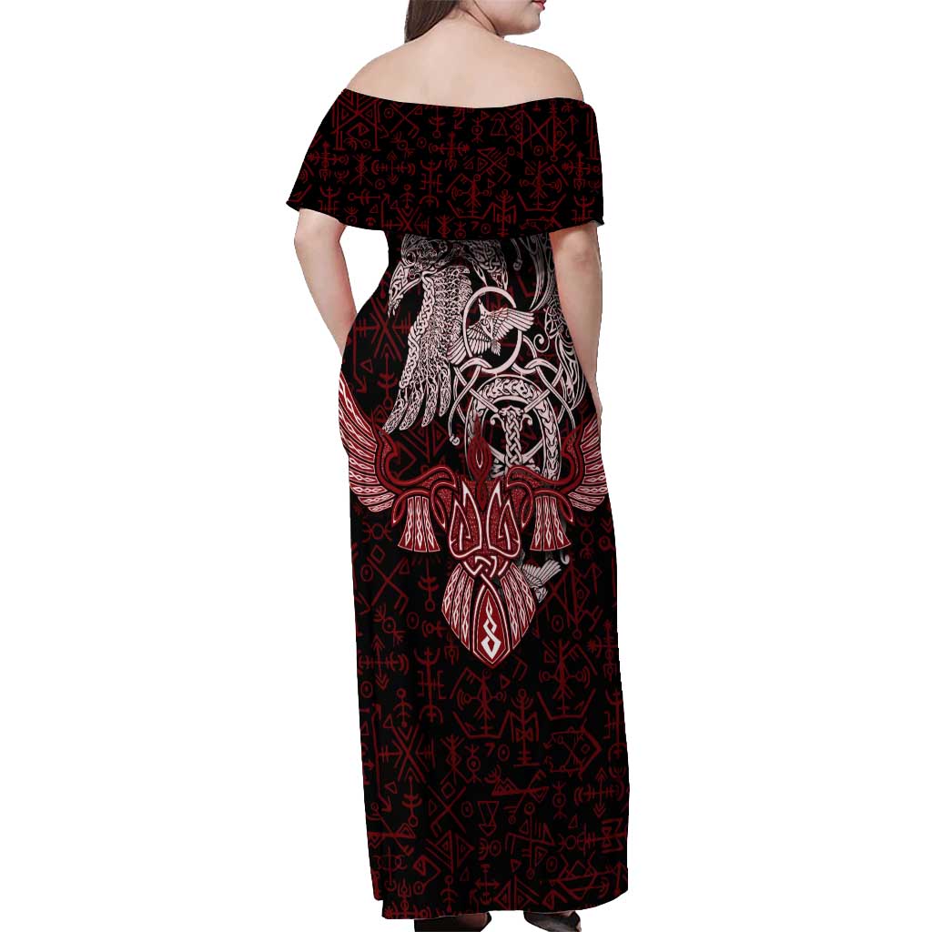 Raven and Serpent Norse Mythology Off Shoulder Maxi Dress Red and White Viking Line Art