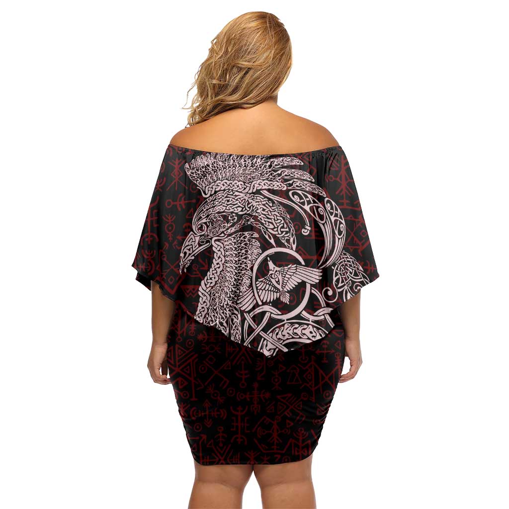Raven and Serpent Norse Mythology Off Shoulder Short Dress Red and White Viking Line Art
