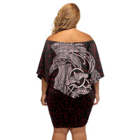Raven and Serpent Norse Mythology Off Shoulder Short Dress Red and White Viking Line Art