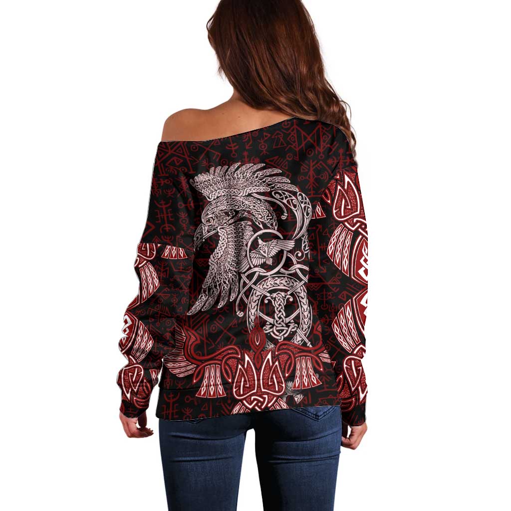 Raven and Serpent Norse Mythology Off Shoulder Sweater Red and White Viking Line Art