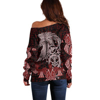 Raven and Serpent Norse Mythology Off Shoulder Sweater Red and White Viking Line Art