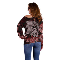 Raven and Serpent Norse Mythology Off Shoulder Sweater Red and White Viking Line Art