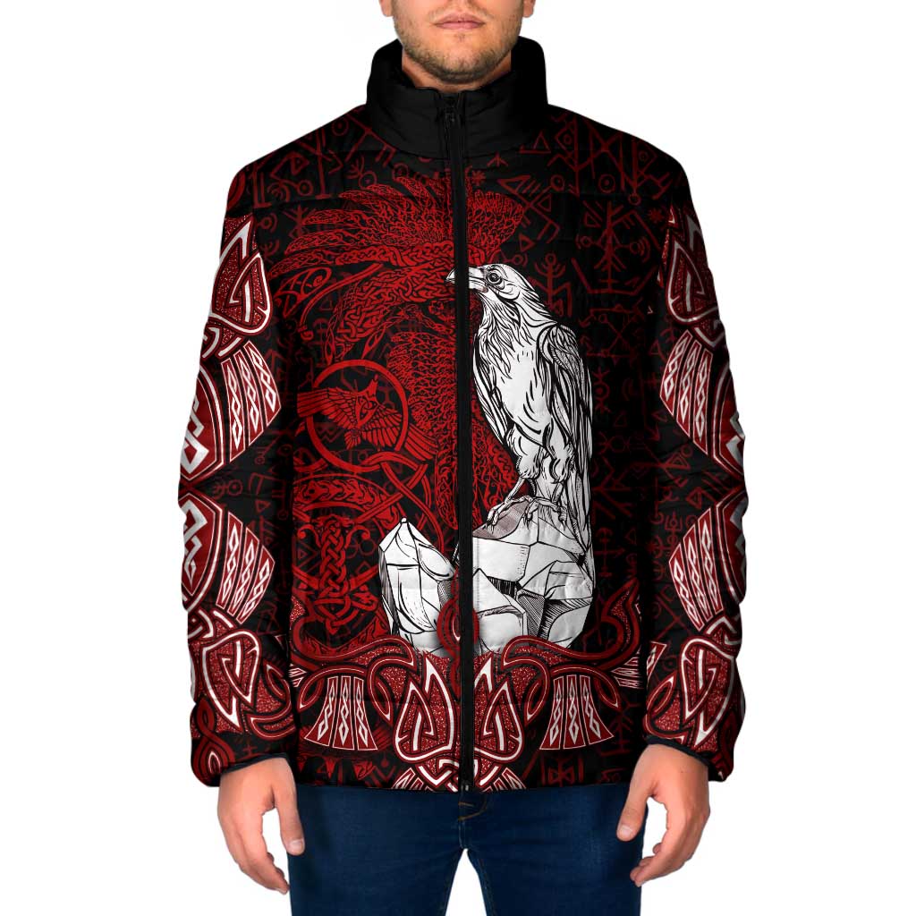 Raven and Serpent Norse Mythology Padded Jacket Red and White Viking Line Art