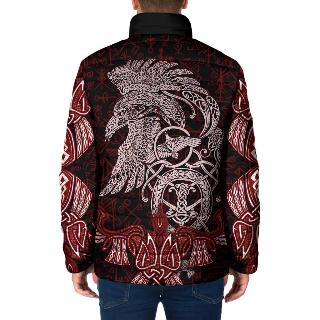Raven and Serpent Norse Mythology Padded Jacket Red and White Viking Line Art