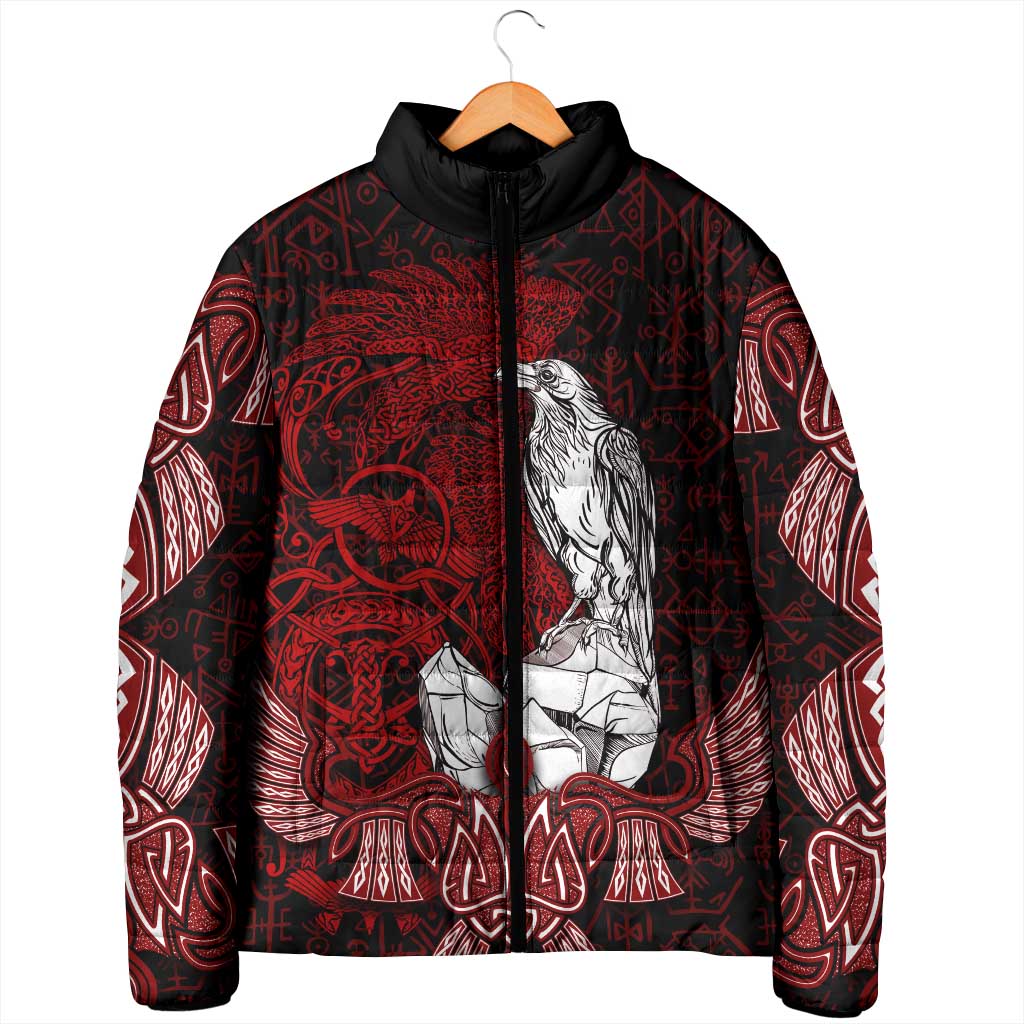 Raven and Serpent Norse Mythology Padded Jacket Red and White Viking Line Art