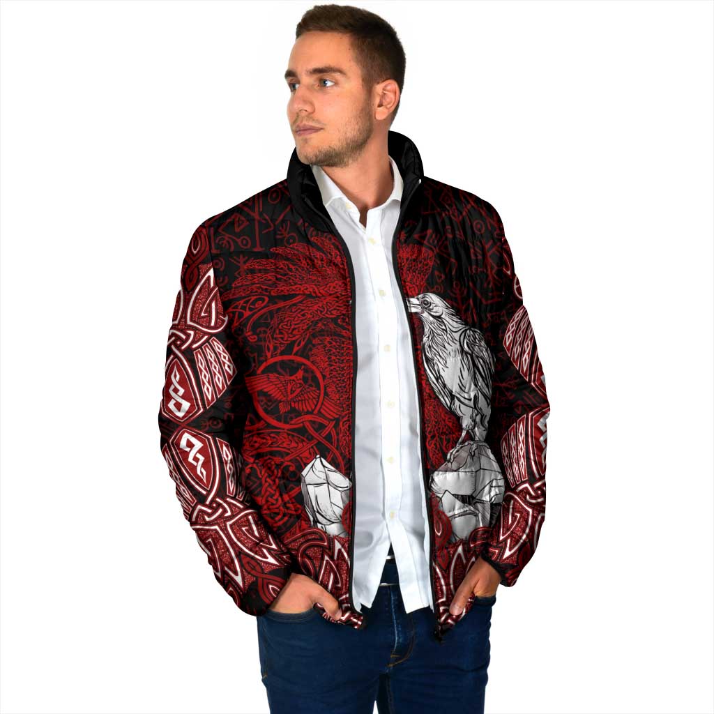 Raven and Serpent Norse Mythology Padded Jacket Red and White Viking Line Art