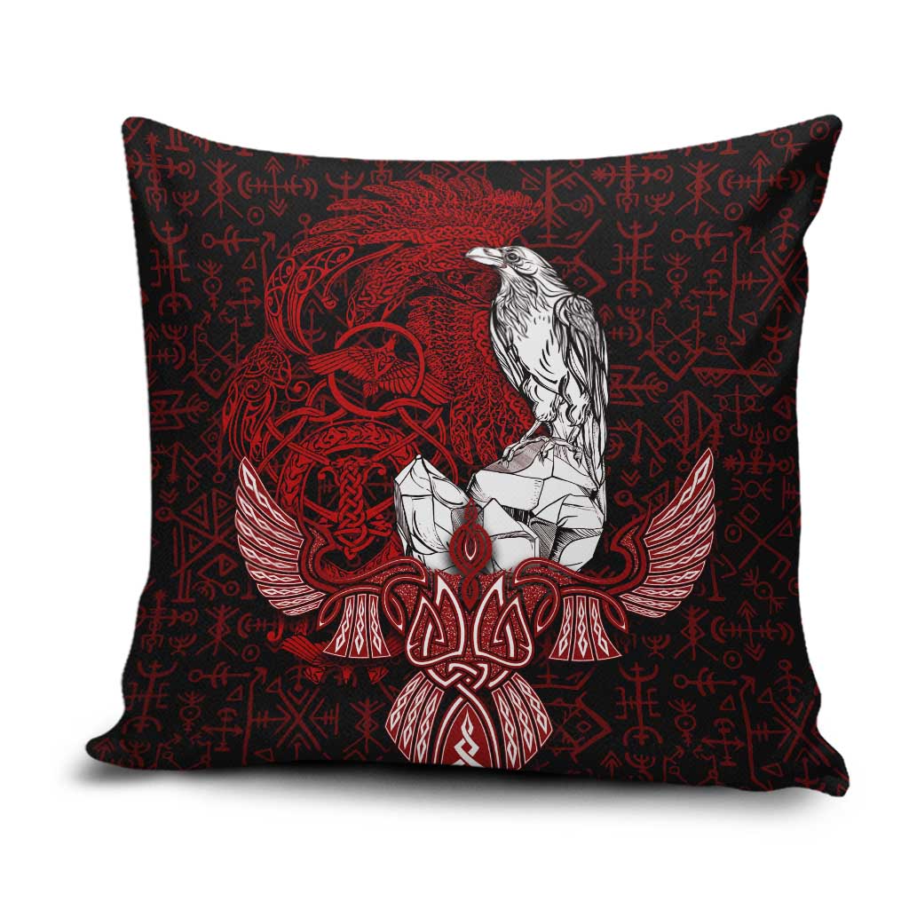 Raven and Serpent Norse Mythology Pillow Cover Red and White Viking Line Art