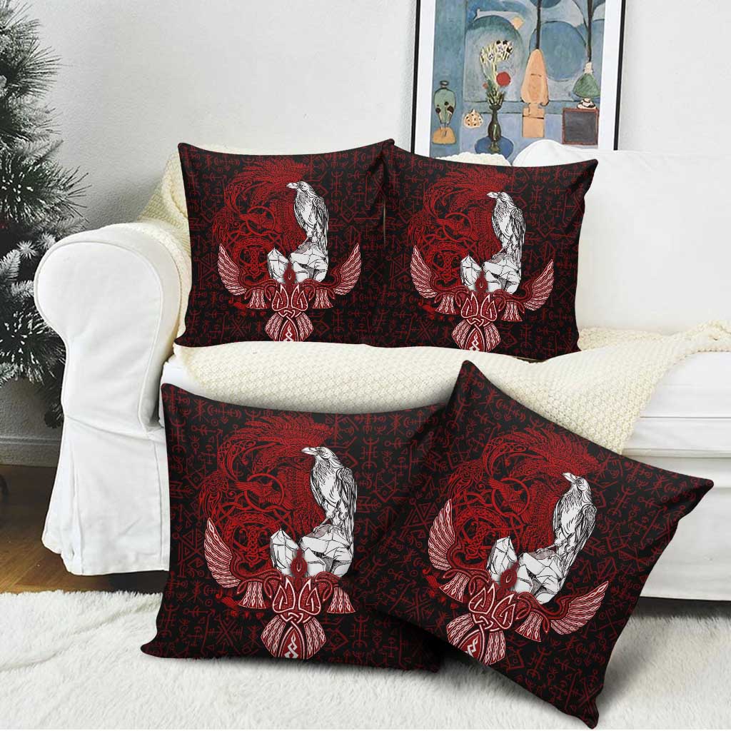 Raven and Serpent Norse Mythology Pillow Cover Red and White Viking Line Art