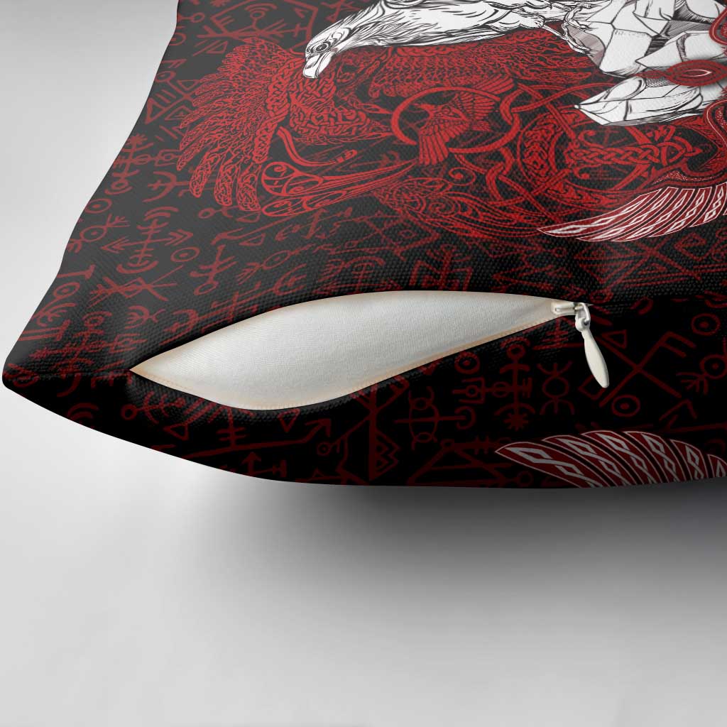 Raven and Serpent Norse Mythology Pillow Cover Red and White Viking Line Art