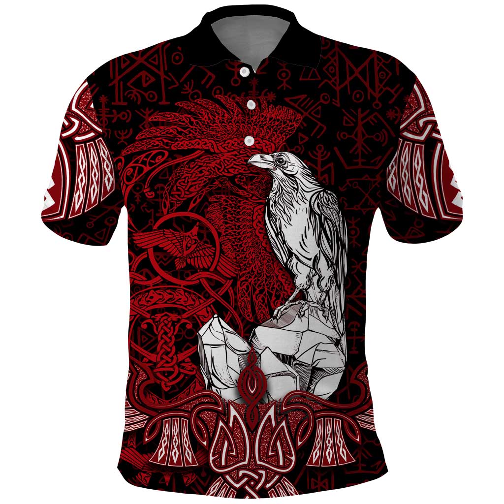 Raven and Serpent Norse Mythology Polo Shirt Red and White Viking Line Art
