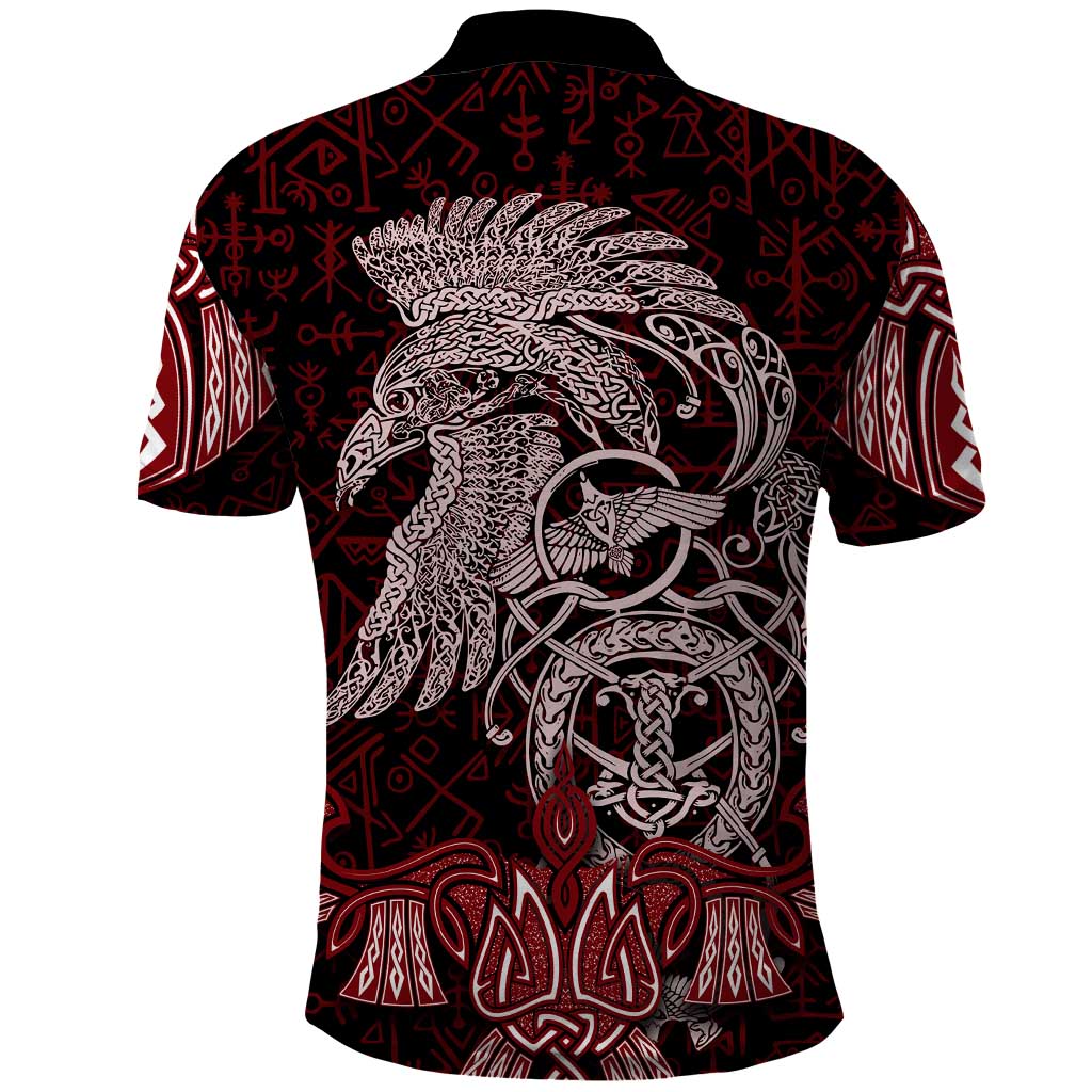 Raven and Serpent Norse Mythology Polo Shirt Red and White Viking Line Art