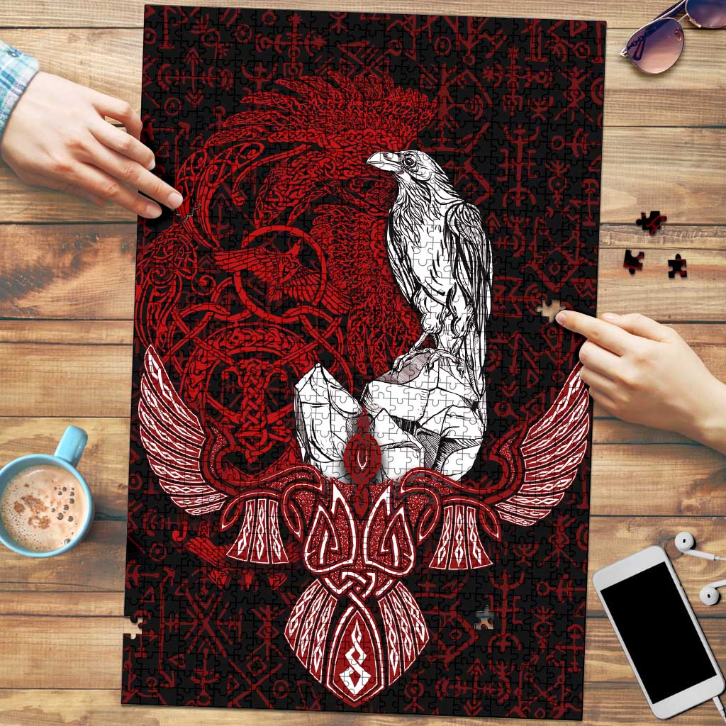 Raven and Serpent Norse Mythology Puzzle Red and White Viking Line Art