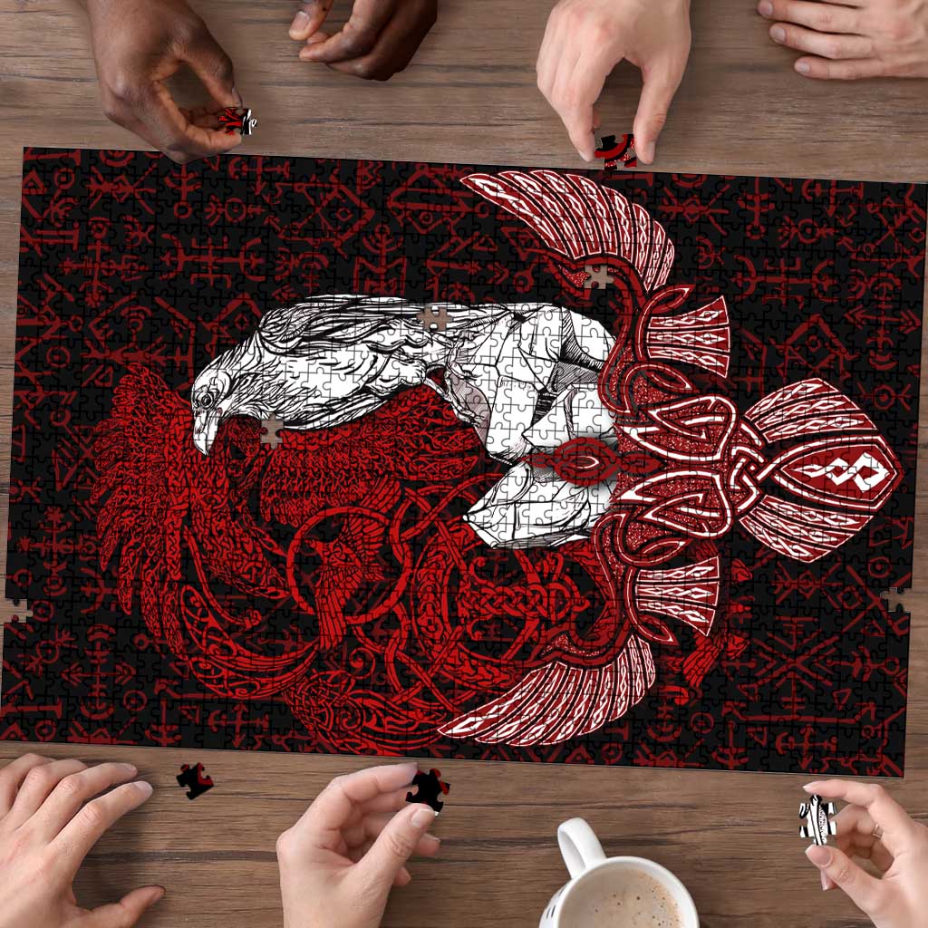 Raven and Serpent Norse Mythology Puzzle Red and White Viking Line Art