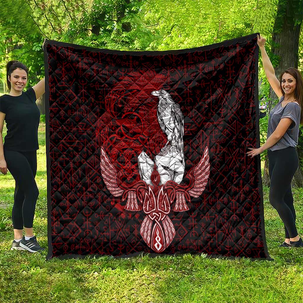 Raven and Serpent Norse Mythology Quilt Red and White Viking Line Art