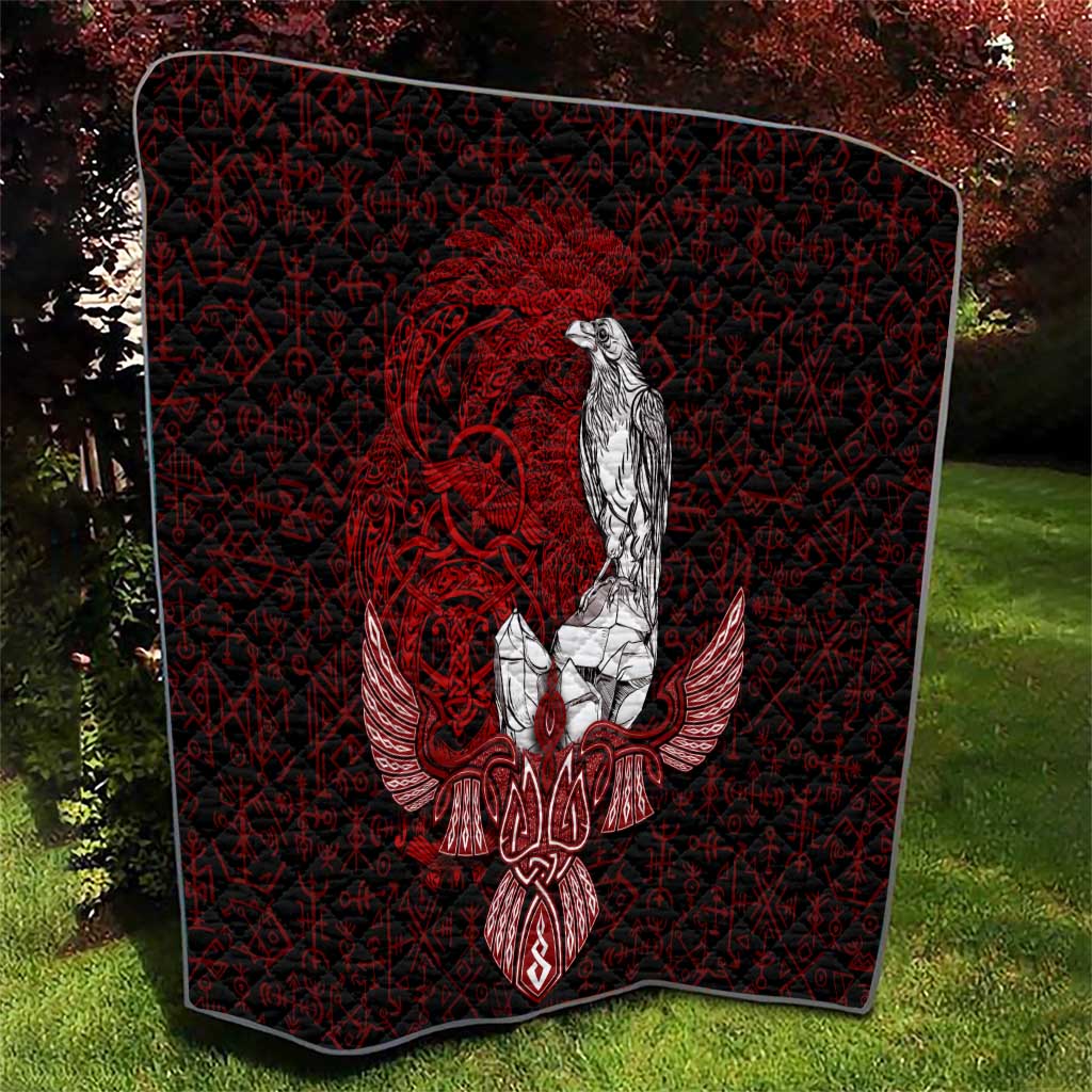 Raven and Serpent Norse Mythology Quilt Red and White Viking Line Art