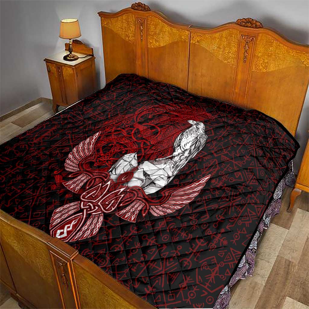 Raven and Serpent Norse Mythology Quilt Red and White Viking Line Art