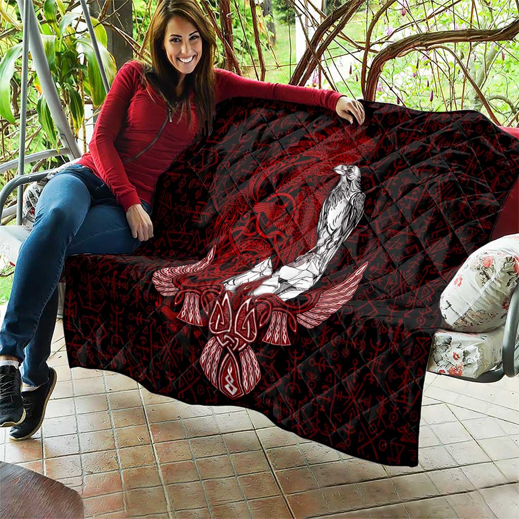 Raven and Serpent Norse Mythology Quilt Red and White Viking Line Art
