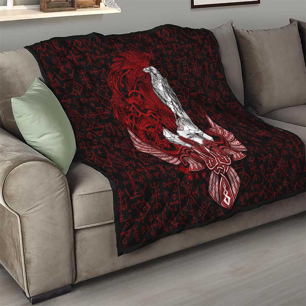 Raven and Serpent Norse Mythology Quilt Red and White Viking Line Art