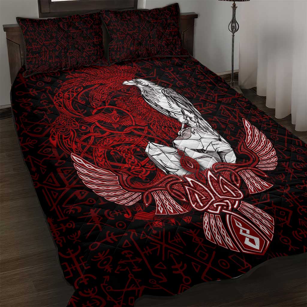 Raven and Serpent Norse Mythology Quilt Bed Set Red and White Viking Line Art