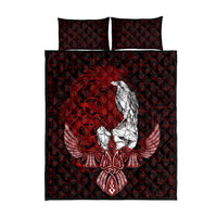 Raven and Serpent Norse Mythology Quilt Bed Set Red and White Viking Line Art